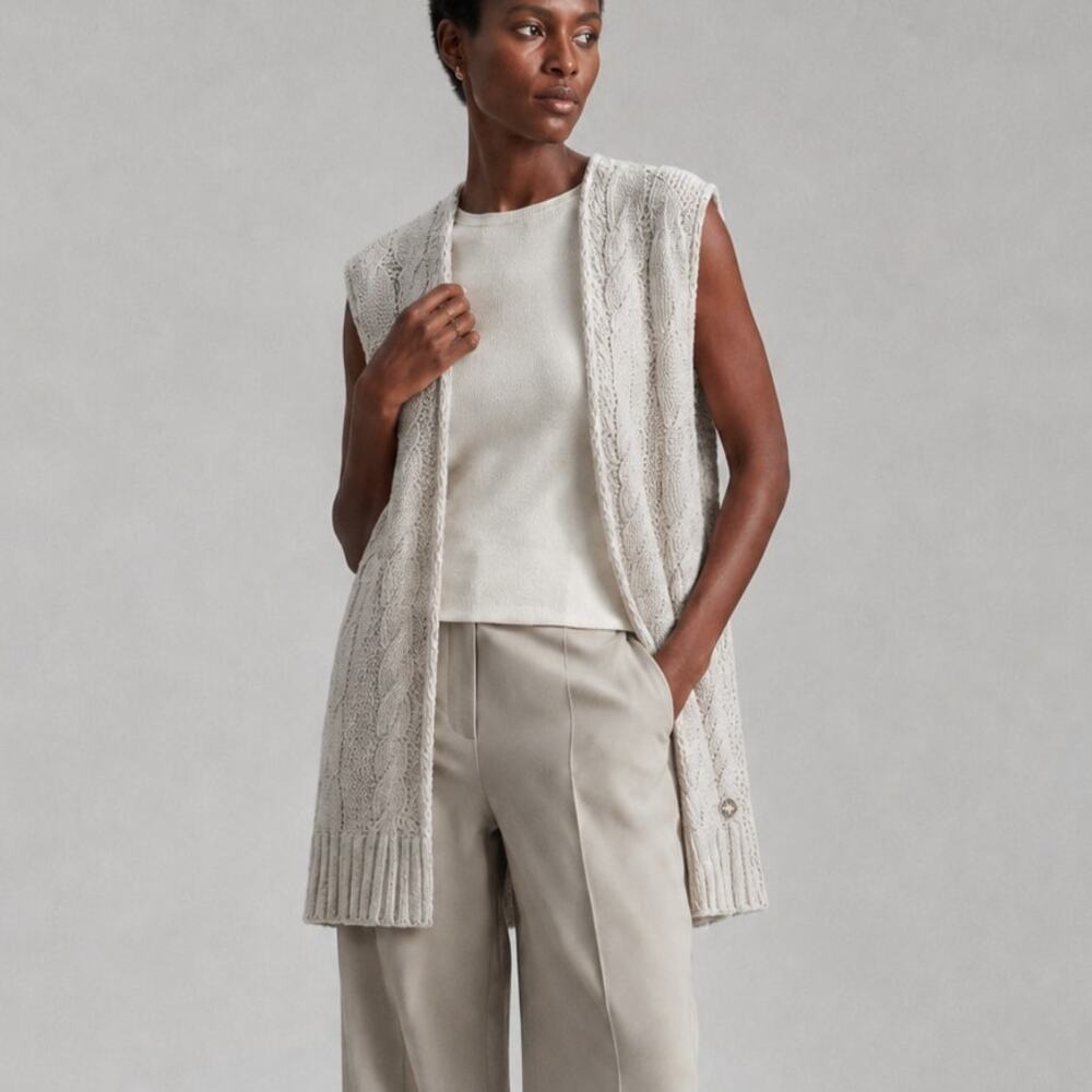 Loro Piana Cashmere Silk Knit Vest Womens M Beige Sleeveless Open Front Logo